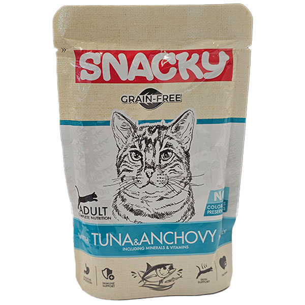 پوچ گربه بالغ بدون غلات طعم تن و ماهی کولی 85 گرمی Snacky